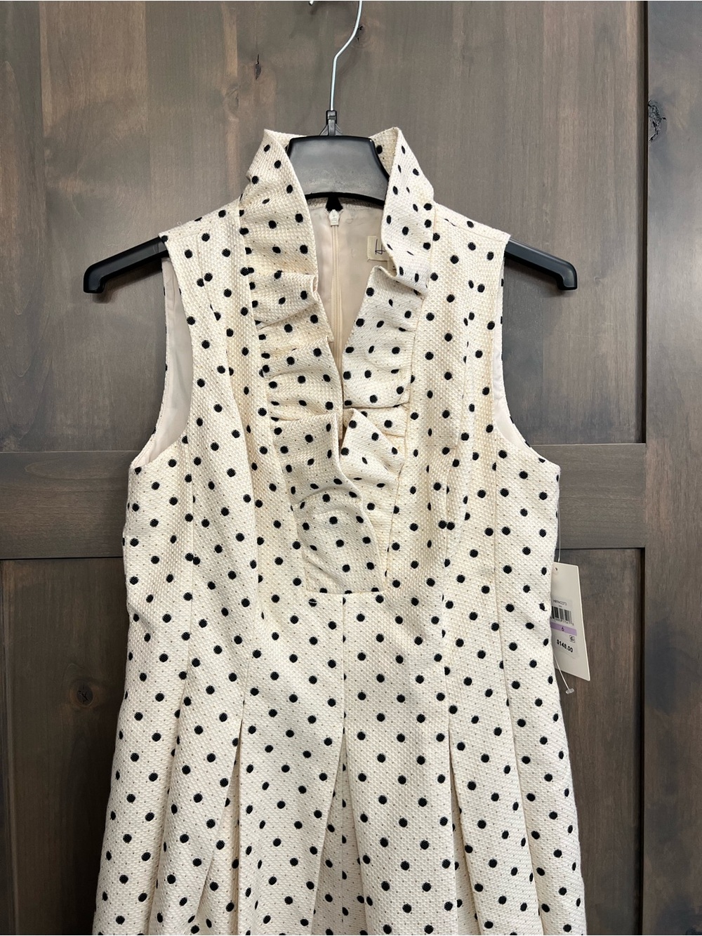 Sleeveless Textured Cream Polka Dot Ruffle Front Dress - Picture 7 of 10